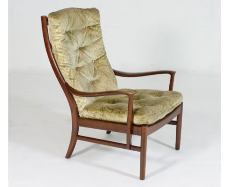 Vintage Parker Knoll model PK 1016-19 armchair, finished in stained beech with contemporary or near contemporary buttoned fab