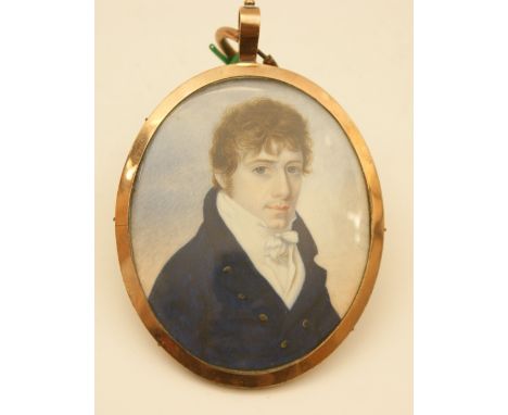 Follower of Richard Cosway (1742-1821), Portrait miniature of a young man in a blue jacket and white shirt, on ivory, mounted