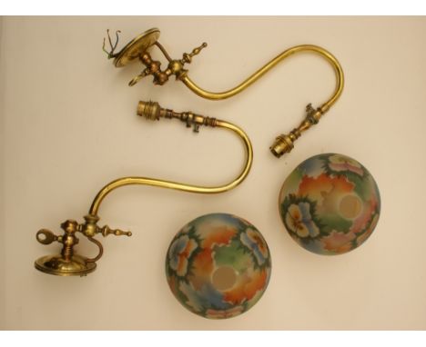 Pair of Edwardian brass bracket wall lights, converted to electricity from gas, swan neck shaped arm supporting later coloure