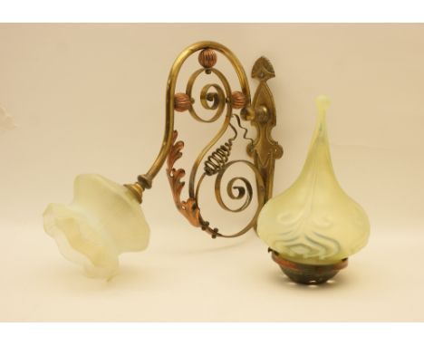 Art Nouveau style vaseline glass shade, probably James Powell, tear shape decorated with stylised tulips in opalescent blue a