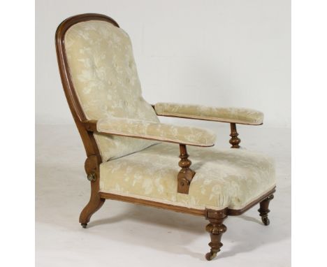 Victorian mahogany patent reclining armchair by R Reid & Co., circa 1860, upholstered throughout, and with a hinged back and 