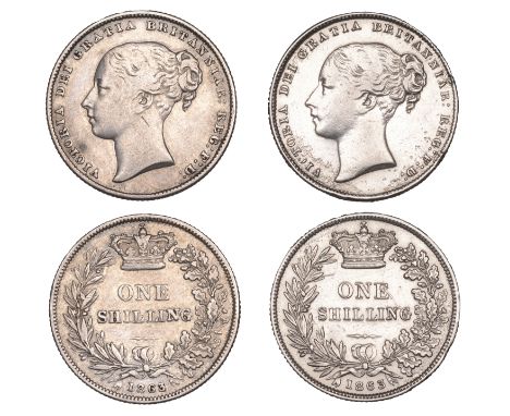 Victoria (1837-1901), Shillings (2), 1863, 1863/1 (ESC 3022-3; S 3904) [2]. Fine or better, both rare, first with severe rim 