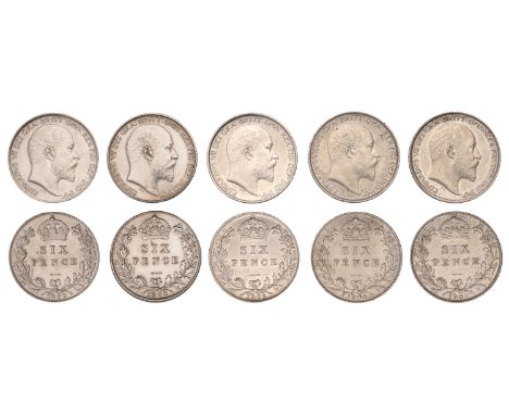 Edward VII (1901-1910), Sixpences (5), 1902 (2, one Proof), 1903, 1904, 1905 (ESC 3597-3601; S 3983) [5]. Mostly extremely fi