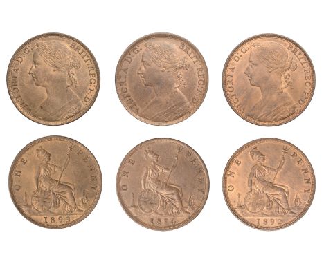 Victoria (1837-1901), Pennies (3), 1892, 1893, 1894, all dies Rr (BMC 1746, 1748-9; S 3954) [3]. All about as struck, much mu