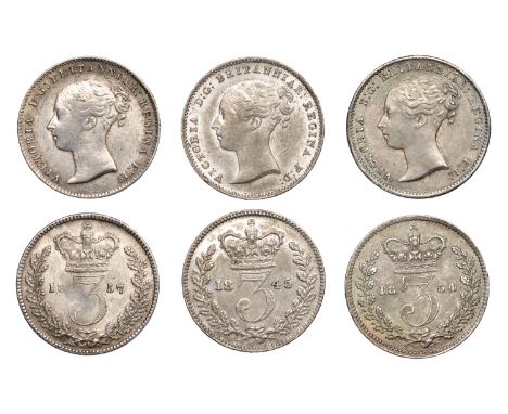 Victoria (1837-1901), Threepences (3), 1845, 1854, 1857 (ESC 3371, 3386, 3389; S 3914) [3]. Very fine to extremely fine, firs