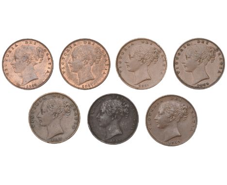 Victoria (1837-1901), Farthings (7), 1855 (2, one with ww incuse), 1856 (2, one with e/r in victoria), 1857, 1858, 1859 (BMC 