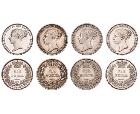 Victoria (1837-1901), Sixpences (4), 1858, 1859, 1860, 1863 (ESC 3200, 3203, 3205, 3209; S 3908) [4]. First nearly extremely 