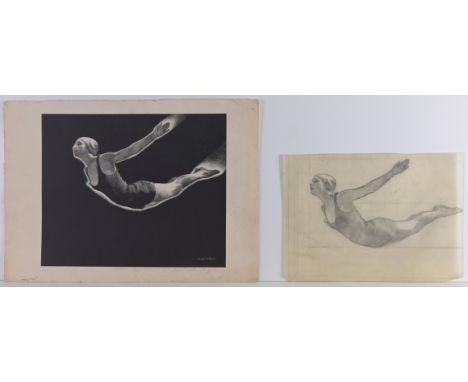 Mabel Wellington Jack (American, 1899 - 1975) "Swan Dive" WPA Lithograph &amp; Original Pencil Sketch. Pencil signed and titl