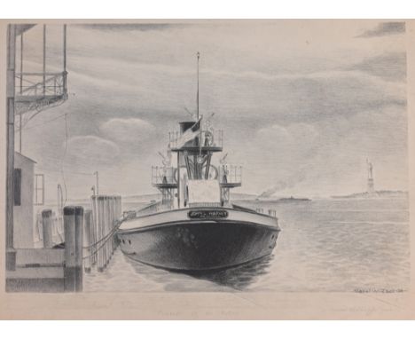 Mabel Wellington Jack (American, 1899-1975) "Fireboat at the Battery" 1936 WPA Lithograph. Pencil signed and titled in lower 
