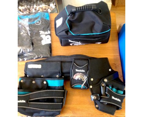 A selection of genuine Makita tools; Makita Tool belt, Makita Beanie hat, Makita coolbag, Makita t-shirt.