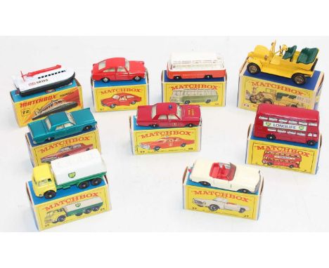 One tray containing 9 boxed Matchbox Lesney models to include, No. 5 London Bus, No. 25 Bedford BP Petrol Tanker, No. 27 Merc