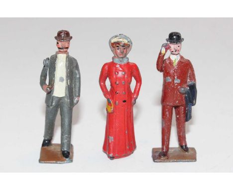 Britains Civilian Figure Group, 3 examples to include Edwardian Woman in red dress (G), Man walking with Pipe, in grey with b