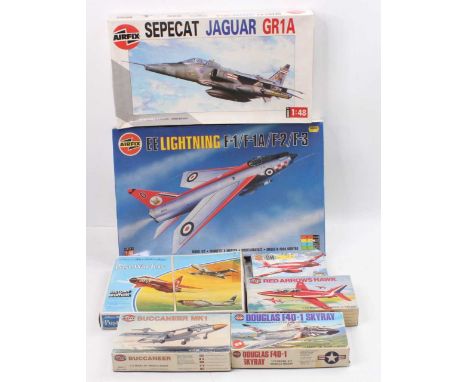 One box containing mainly Airfix 1/72nd and 1/48 scale cold war era fighter aircraft to include, F1 Lightning, Jaguar GR1A, D