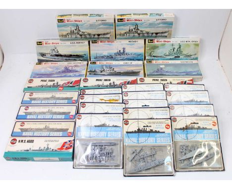 One box containing a quantity of Revell and Airfix 1/1200 scale warship model kits to include, H.M.S. Ark Royal, King George 