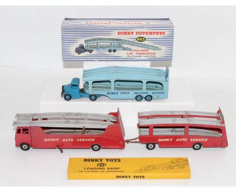 2 Dinky Toys car transporter models to include, No. 982 Pullmore car transporter comprising of dark blue cab and chassis with