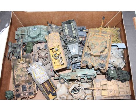 Two boxes containing a quantity of mainly Unimax Forces of Valour 1/32nd scale various tanks and other military equipment - s