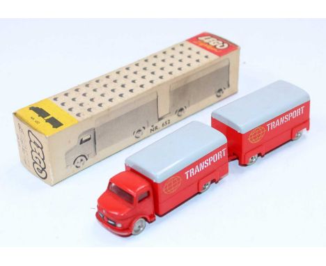 LEGO System HO Scale No. 652 Mercedes Truck and Trailer in red and grey with transport lettering and globe logo, mint in a mi