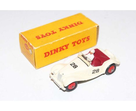 Dinky Toys, No.108 MG Midget Sports Car, light cream body, maroon interior, white driver, racing No.28, red ridged hubs, in t