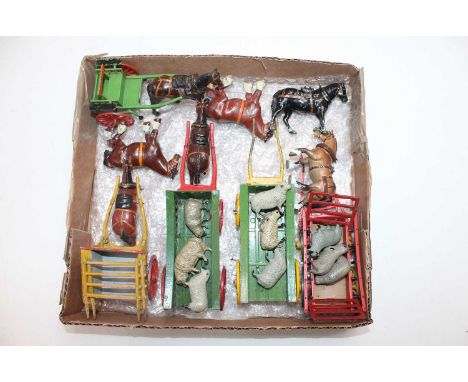 One tray containing a quantity of Britains, Charbens and white metal horse and cart models in play worn condition