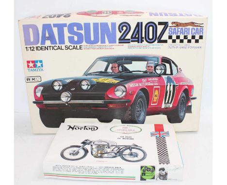 Tamiya 1/12 scale Datsun 240Z Safari Car and Protar Moto Norton 500cc Grand Prix Motorcycle - both boxed and appear to be com