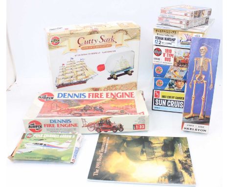 One box containing various mainly Airfix kits to include, Dennis Fire Engine, 1951 Chevy Convertible, Skeleton, James Bond &a