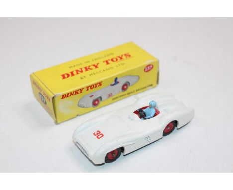 Dinky Toys, 237 Mercedes Benz racing car, white body with red interior and red plastic hubs, racing number 30 with blue drive