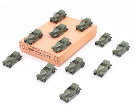 Dinky Toys No. 35A "Austin Seven" Saloon reproduction trade box containing 12 examples repainted in military green, some have