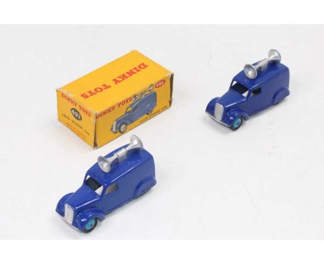 Dinky Toys No. 492 Loud Speaker Van pair finished in blue with light blue ridged hubs and silver loudspeaker, one model is bo