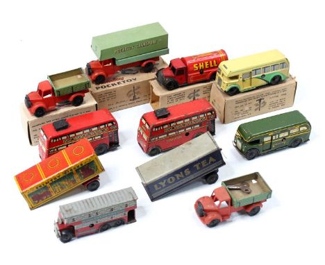 One tray containing a quantity of boxed and unboxed Wells Brimtoy Pocketoy clockwork models to include, Delivery Lorry, SHELL