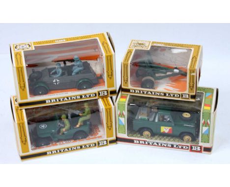 Britains Military Vehicles 4 boxed models to include, No 9786 US Jeep (M-BNM), No. 9724 105mm Howitzer (M-BNM), No. 9782 Land