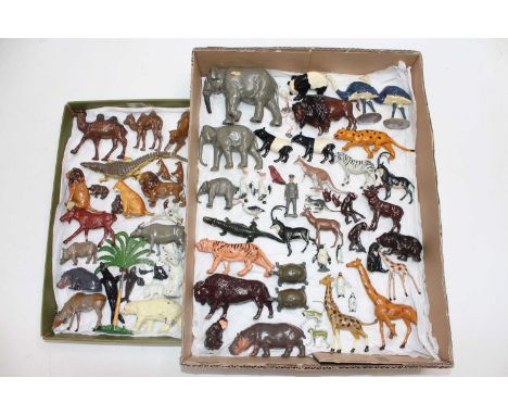 Two trays containing a large quantity of Britains and Johillco lead zoo animals to include, Crocodiles, Elephants, Kangaroos,