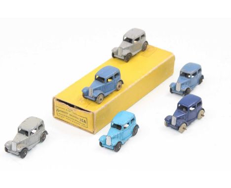 Dinky Toys No. 35A Midget Saloon, (Austin 7), original trade box containing 6 examples consisting of, 1x light blue, 2x mid b