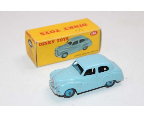 Dinky Toys, 161 Austin Somerset saloon, pale blue body with blue hubs, yellow colour spot box (VG-BVG)