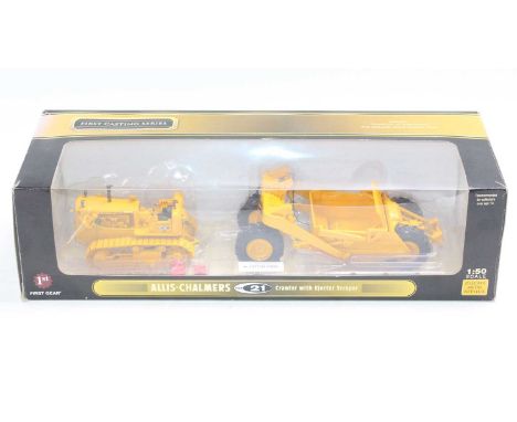First Gear No.58-3153 1/50th scale diecast model of an Allis Chalmers HD21 Crawler with ejector scraper, housed in the origin