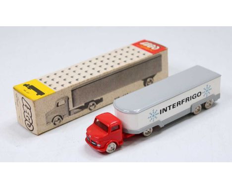 LEGO System HO Scale No. 657 Mercedes Truck, red cab with white and grey trailer and "INTERFRIGO" livery, mint in a mint box 