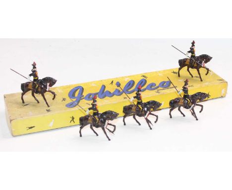 John Hill and Co. Johillco No. 112 Lancers, boxed set of 5 mounted figures in near mint condition, housed in a fair white car