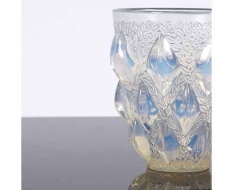 R LALIQUE - a Mid-Century French opalescent glass Rampillon vase, tapered cylindrical form with frosted floral design and pol