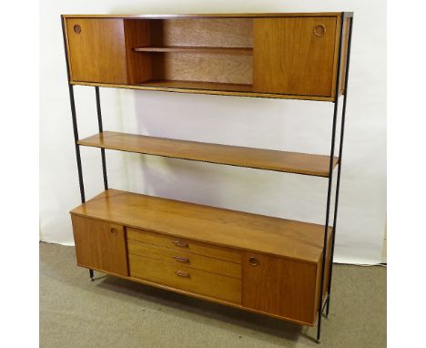AVALON - a Vintage Mid-Century teak Ladderax style freestanding shelving unit, comprising 1x unit with central drawers, 1x un
