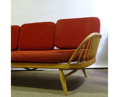 ERCOL - a Mid-Century elm Studio Couch / Daybed Sofa, original red upholstered cushions with re-webbed seat and detachable ba