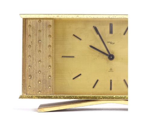 IMHOF - an Art Deco style Swiss brass-cased 8 day mantel clock, brushed dial with baton hour markers and decorative case, 15 