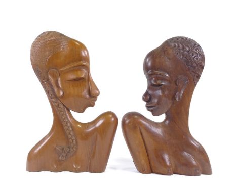 MANNER OF HAGENAUER - 2 Art Deco style carved hardwood sculptural busts, one with Arabic maker's label on back, largest heigh