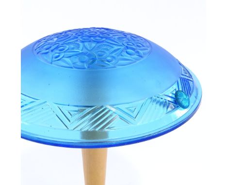 SCANDI-FRANCAIS LUMIERE ET GLASS - a unique Art Deco French blue glass table lamp, on wood stem with chrome base, shade circa