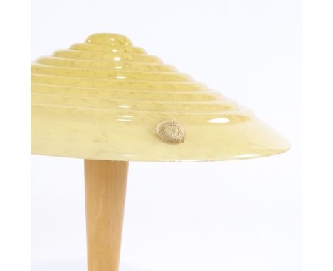 SCANDI-FRANCAIS LUMIERE ET GLASS - a unique French sand glass Coolie Hat table lamp, on wood stem with chrome base, shade cir