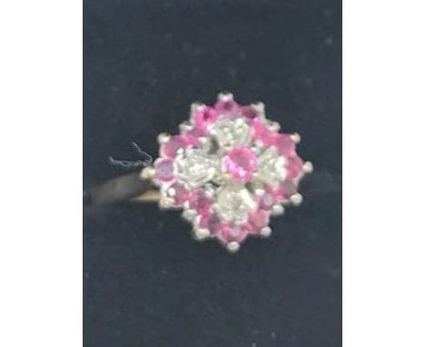 9ct gold ruby and diamond cluster ring.  SZ  M