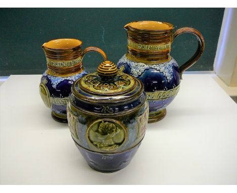 Large commemorative water jug, small commemorative water jug & commemorative tea caddy