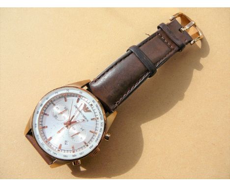 Gents Armani chronograph quartz wristwatch. AR-5995 251406. Rose gold coloured case with brown leather branded strap. w