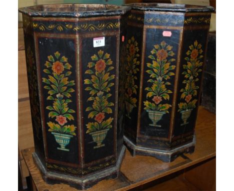 A pair of Eastern floral painted octagonal stick stands