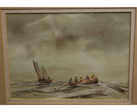 Tim Stocker - Fisherman, watercolour with body colour, signed and dated lower right '89, 22 x 30cm; a Lowry print; and After 