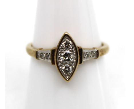9ct Yellow Gold Diamond Dress Ring  The ring contains three Round Brilliant Cut Diamonds in a Marquise shape.  They measure a