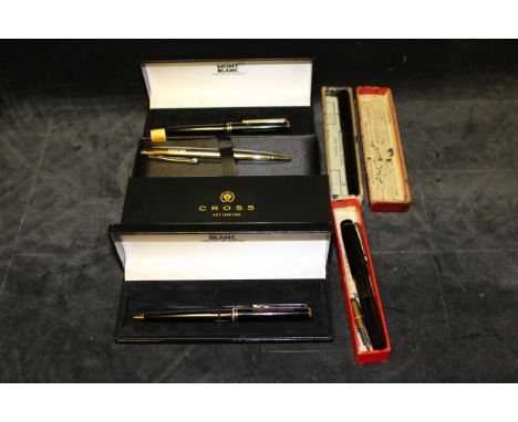 A Swan fountain pen with 14K gold nib, two Mont Blanc biros, boxed, a Cross biro etc